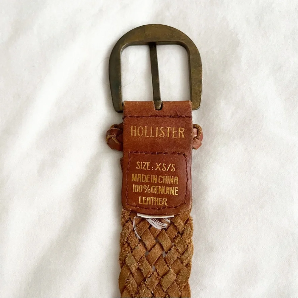 Hollister Woven Braided Leather Belt Women XS S Brown Brass Buckle Vintage